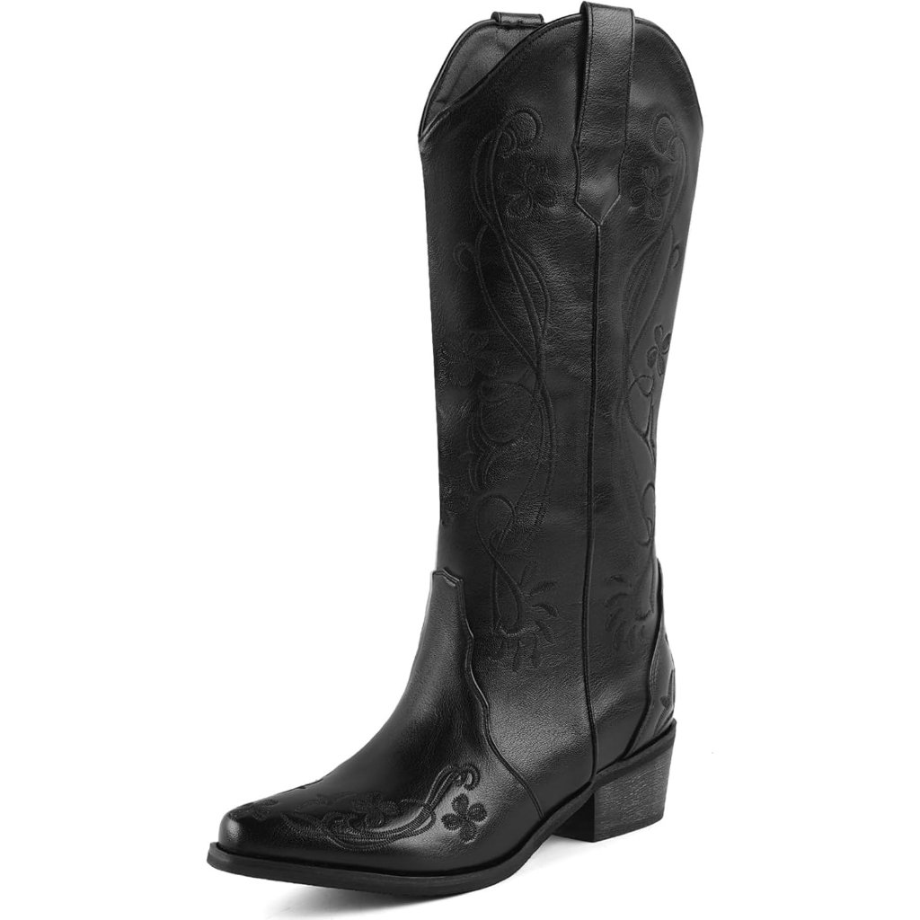 Women's Vintage Black Floral Boot For Knee High Furry Heel Fashion Pointed Toe